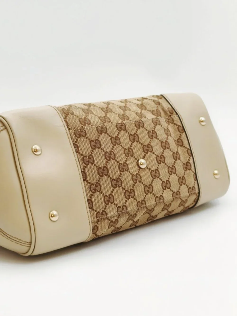 Gucci GG Canvas Web Bow Tote Bag Beige Ivory Leather Handbag Italy